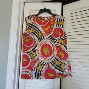Versace-Style Red and Gold Zodiac Print Women's Top